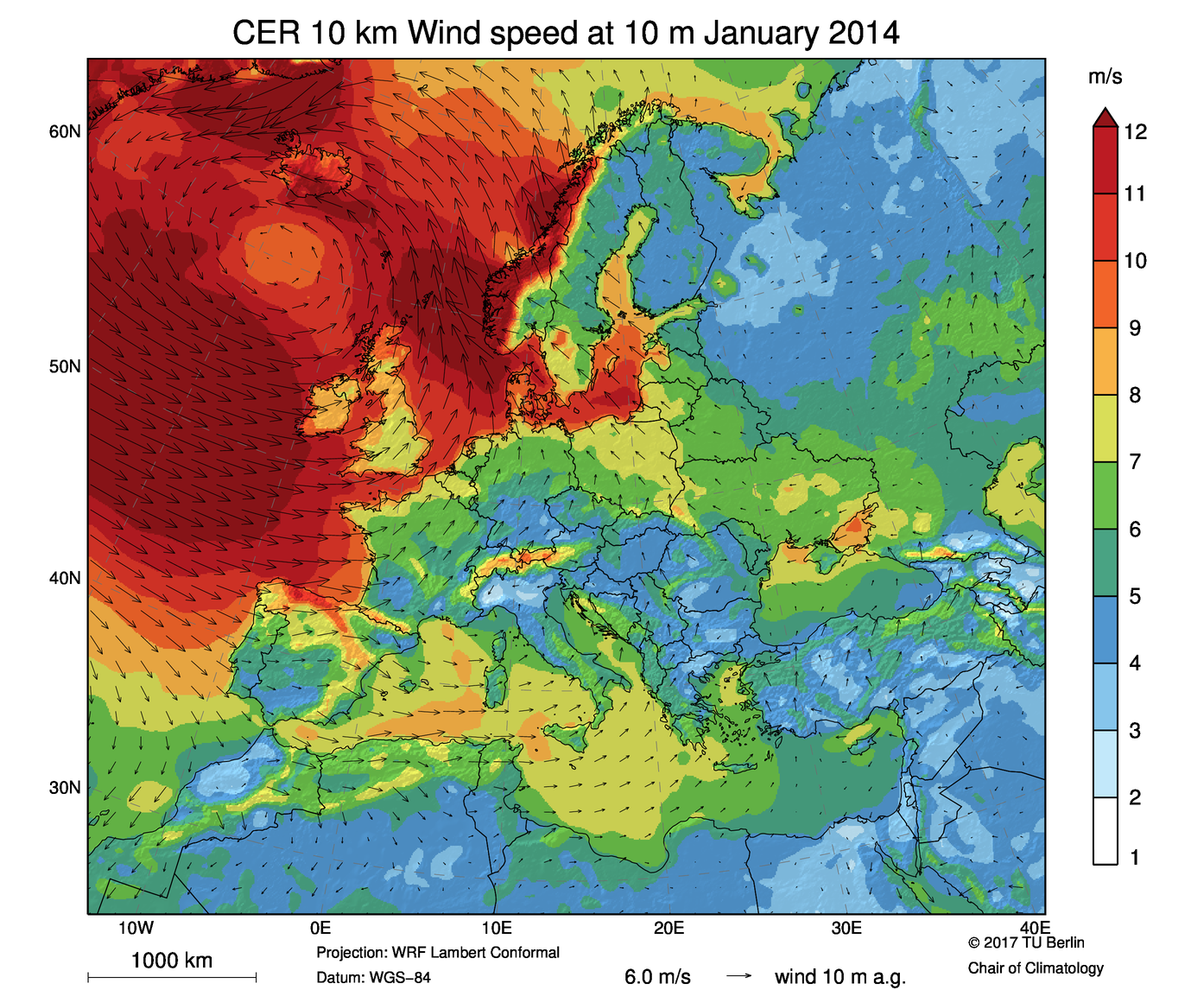 Mean wind speed at 10 m in January 2014